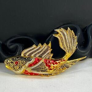 Vintage Koi FIsh Brooch Gold Tone Carp Ornate Toledo Damascene Style 2" Pin